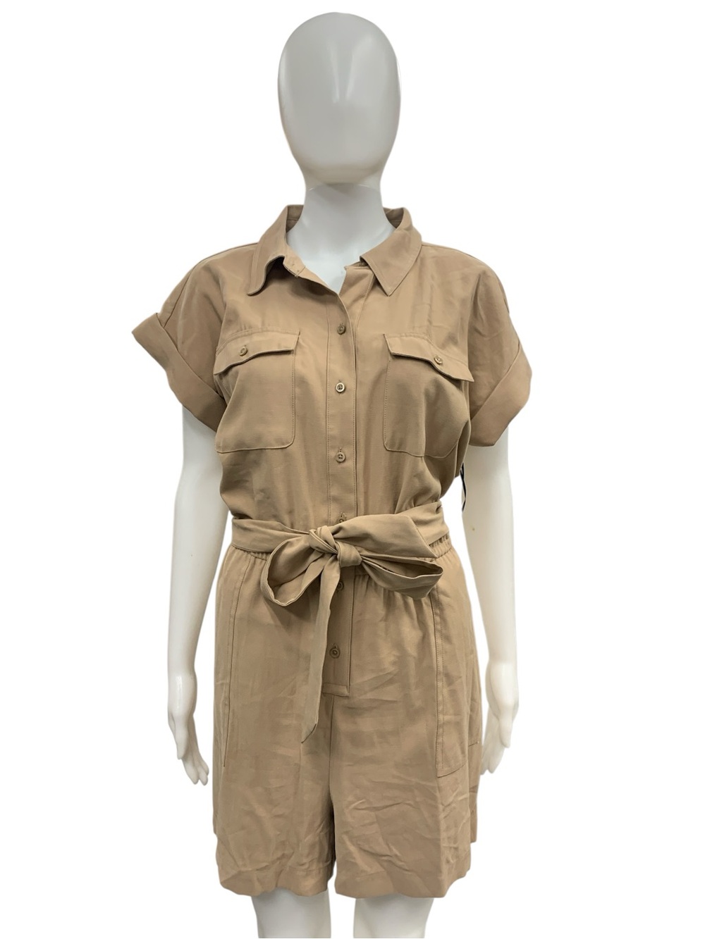 Vera Wang Tan Short-Sleeve Utility Romper with Waist Tie